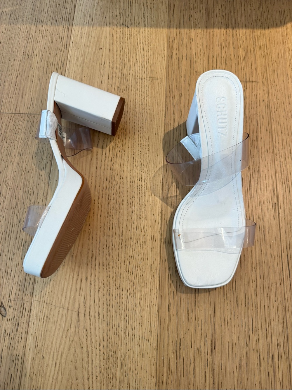SCHUTZ White Slip-On Mules with Clear PVC Straps